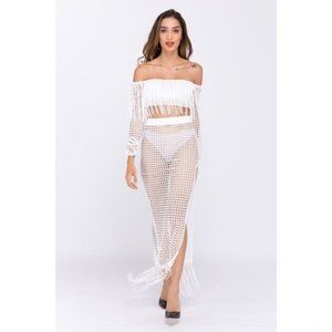Vnvne white fringe cropped mesh top shirt with matching long fringe skirt med co